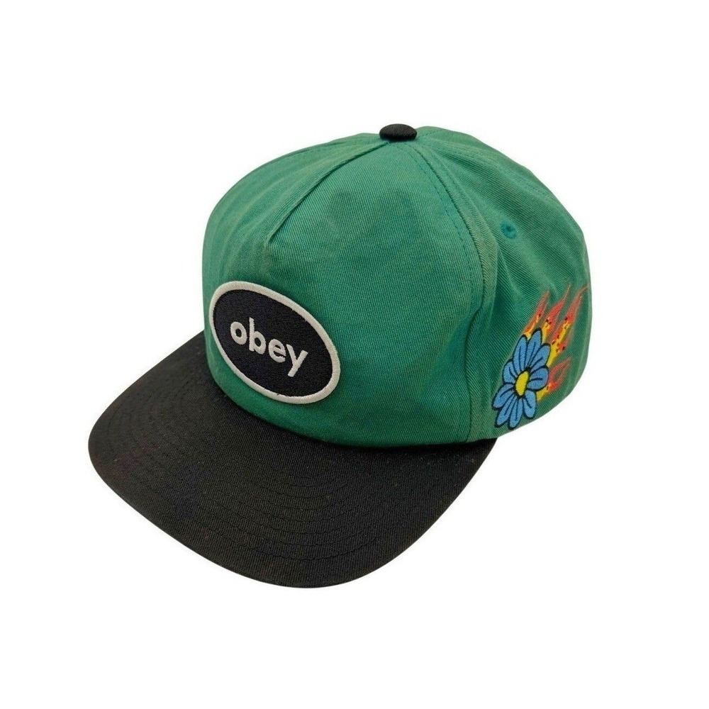 OBEY‎ Lessons 5 Panel Snapback Hat Green Black Floral Embroidered Streetwear